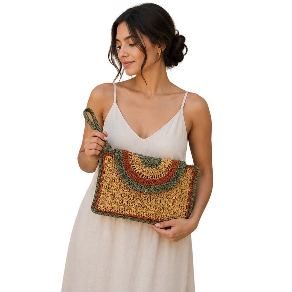 Handmade Boho Woven Clutch Bag Straw Knit Wristlet Beach Purse